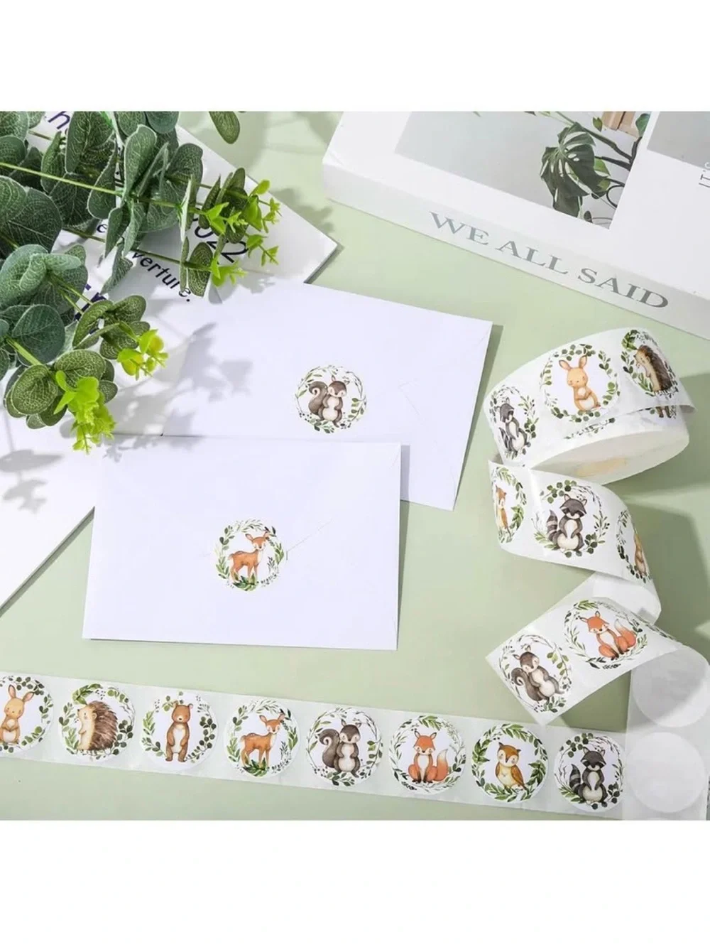 Woodland Animal Round Sticker Roll – Cute Forest Party Stickers in Green